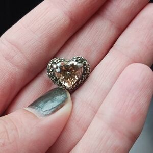 Vtg Sterling Silver 925 Genuine Peach CZ Marcasite Heart Slider Pendant.